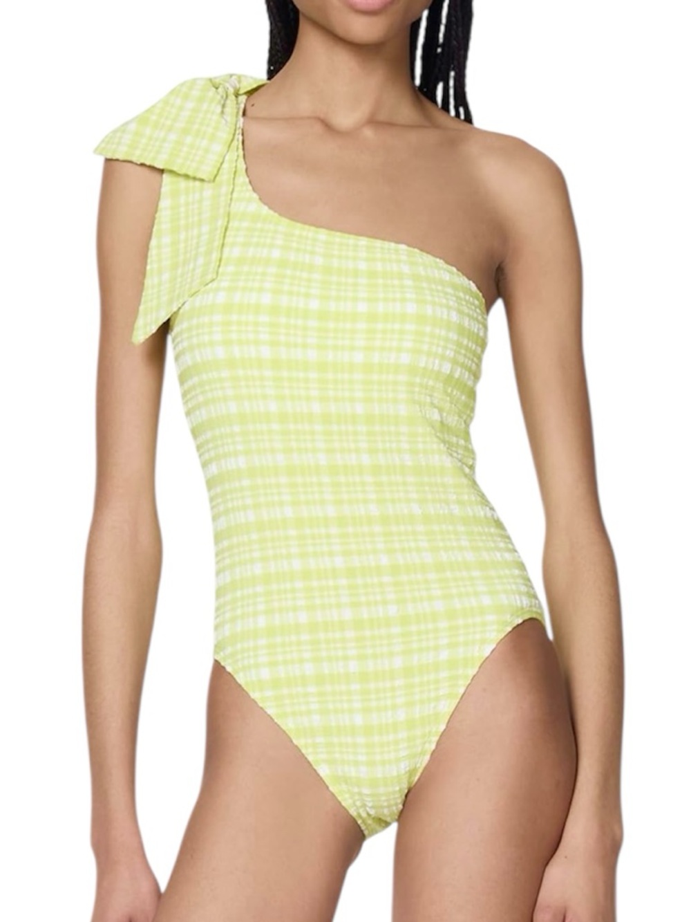 KATE SPADE New Mio One Shoulder Bow One Pce Swimsuit Green Yellow Texture Medium